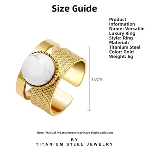 Detailed size guide for gold titanium steel ring featuring measurements and specifications