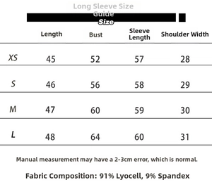 Detailed size guide chart for slim fit long sleeve top with fabric composition details