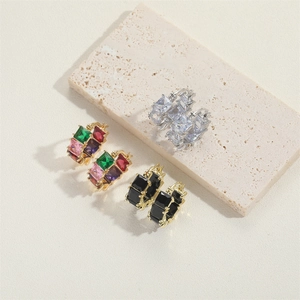 Three pairs of elegant square zircon hoop earrings in gold and silver finish with colorful stones