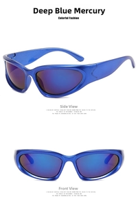 Detail view of metallic dark blue Y2K sports sunglasses with mirrored purple lenses
