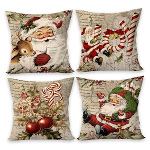 Set of 4 vintage Christmas throw pillow covers with Santa and reindeer illustrations