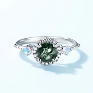 S925 silver ring with moss agate and opal stones featuring a twisted rope band design