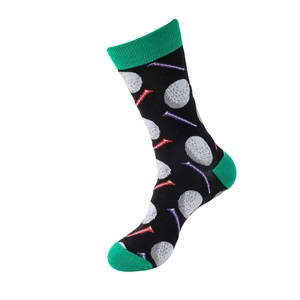 Detail of golf themed cotton crew socks featuring club and ball patterns on black knit