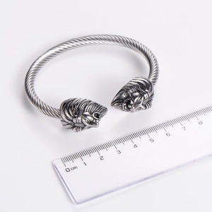 Men's retro lion head twisted wire stainless steel open cuff bracelet in silver finish