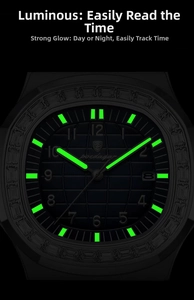 Detail showing high-glow luminous hands and markers on a zircon-set octagonal watch