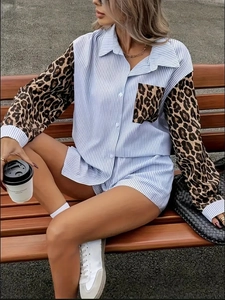 Women's casual striped lounge set with leopard patchwork shirt and matching shorts