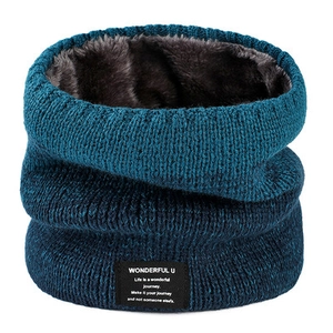 Winter double-layer knitted neck warmer with thick fleece lining in dark blue color