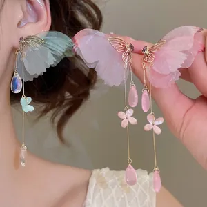 Butterfly Tassel Dangle Earrings With 925 Sterling Silver Earring Post Zircon Organza Wings Sweet Dreamy Style For Women