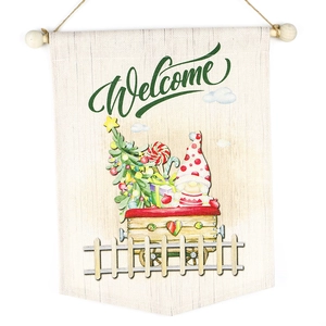 Festive Christmas gnome linen hanging banner with wooden rod and Welcome greeting print