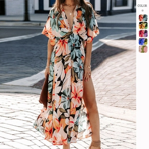 Robe Maxi Imprimé Fleuri Col En V Profond Fente Haute Boho Vacances Été Taille Haute Polyester Pour Femmes