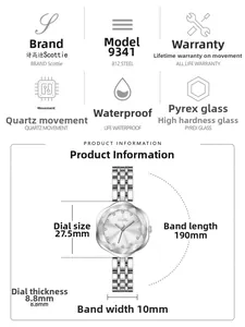 Detailed technical drawing of the women's steel watch showing case and band dimensions