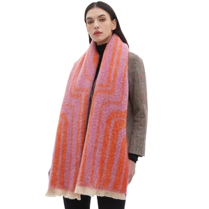 Pink and orange geometric wave pattern knit scarf with soft cream fringe on white background