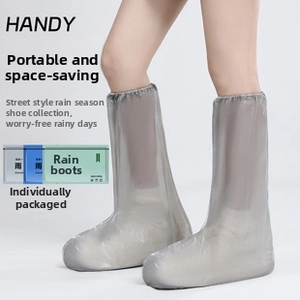 Detail of high-top translucent grey rain shoe covers with elastic bands and portable packaging