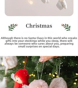 Detail of Christmas plush girl doll ornament with sequins for holiday tree decoration