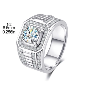 Detailed macro of a 1ct Moissanite diamond ring with size specs 6.5mm on white backdrop