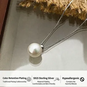 French vintage S925 sterling silver necklace featuring a large single pearl pendant