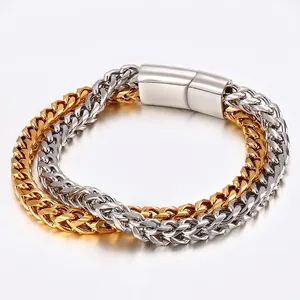Layered Braided Chain Bracelet 316L Stainless Steel Wheat Link Magnetic Clasp Punk Trendy Jewelry For Men