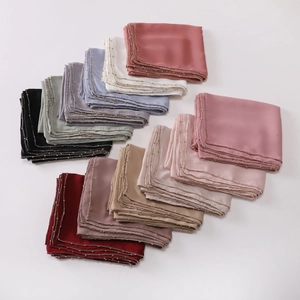 Satin silk hijab scarves collection with beaded edges in assorted colors stack