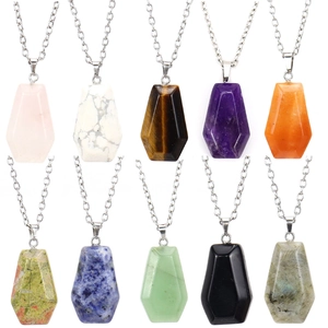 Natural Gemstone Coffin Pendant Necklace Hexagon Crystal Healing Stone Gothic Halloween Jewelry For Women