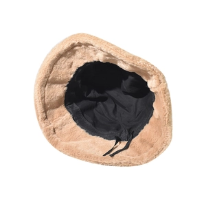 Plush khaki faux fur bucket hat with warm fleece lining and adjustable drawstring cord