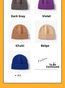 Detail of ribbed knit beanies in dark grey, purple, khaki, beige, and sky blue colors