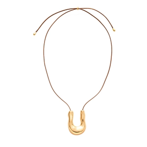 Adjustable brown braided cord necklace with a golden U-shaped horseshoe pendant