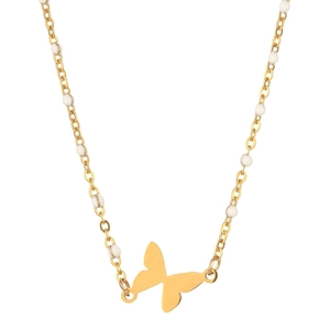 Close-up of gold butterfly pendant and white bead detail on retro stainless steel necklace