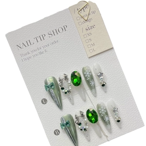 Handmade Christmas press-on nails set in dark green cat-eye with 3D gems and snowflake art