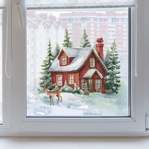 Sticker mural de Noël avec cabane rouge, renne et sapins en style aquarelle douce
