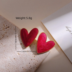 Elegant 18k gold plated stainless steel heart earrings with red marble resin inlay