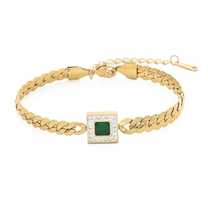 18k gold plated bracelet featuring a green square gemstone with white crystal halo