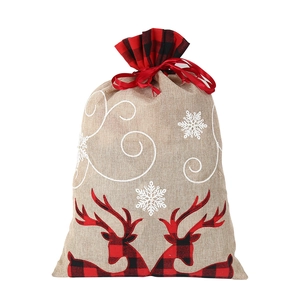 Burlap Christmas drawstring gift bag with red plaid reindeer and white snowflake prints