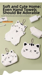 Hanging white coral fleece hand towels in cute cat shapes for bathroom and kitchen decor