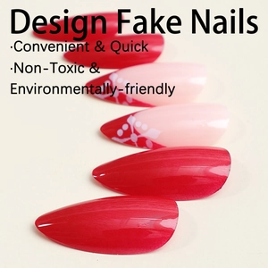 Christmas almond false nails with dark red glossy finish and white floral patterns