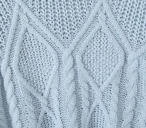 Detailed close-up of light blue cable knit texture and intricate mesh stitch patterns