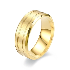 Matte gold titanium ring for men and women with grooved brushed finish and polished edges