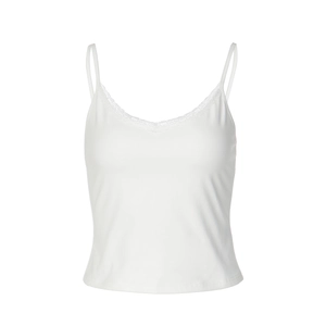 Detailed view of the delicate lace trim on the white camisole top with soft fabric texture