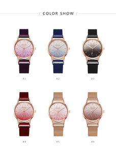 Detailed view of 6 colorful ladies' quartz watches with gradient dials and mesh straps.
