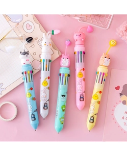 Close-up of five colorful 10-color pens with cute animal toppers and small pendants