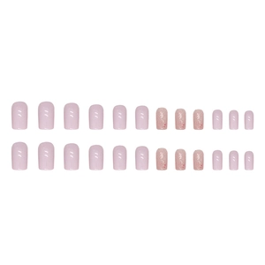 Pink and purple press-on nails set with glitter sequins and heart designs in almond shape