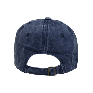 Detail of adjustable metal buckle and vintage washed cotton fabric on baseball cap