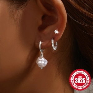 925 Sterling silver earring set featuring baroque pearls and cubic zirconia hoops