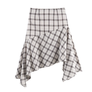Gonna longuette a quadri da donna con orlo asimmetrico e motivo nero e grigio