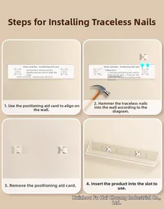 Detailed four-step installation guide for clear acrylic wall shelf with mounting hardware