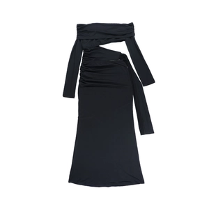 Detail of elegant black off-shoulder long sleeve dress with waist cutout and side ruching
