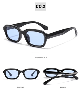 Detailed views of punk square sunglasses with black frames and light blue lenses