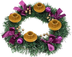 Detail of Christmas wreath with four gold candle holders, purple bows and gold berries