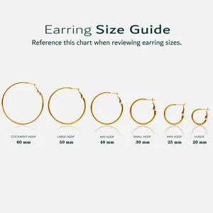 Size guide for 18K gold stainless steel hoop earrings from 20mm huggie to 60mm hoops