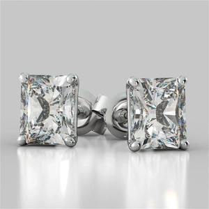 Detailed view of classic four-prong square-cut cubic zirconia studs with silver plating