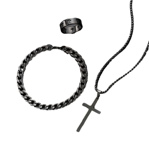 Men's hip hop black stainless steel cross ring necklace and cuban bracelet jewelry set